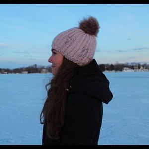 Light Pink Knitted Winter Hat w/ Fuzzy Pink Ball
